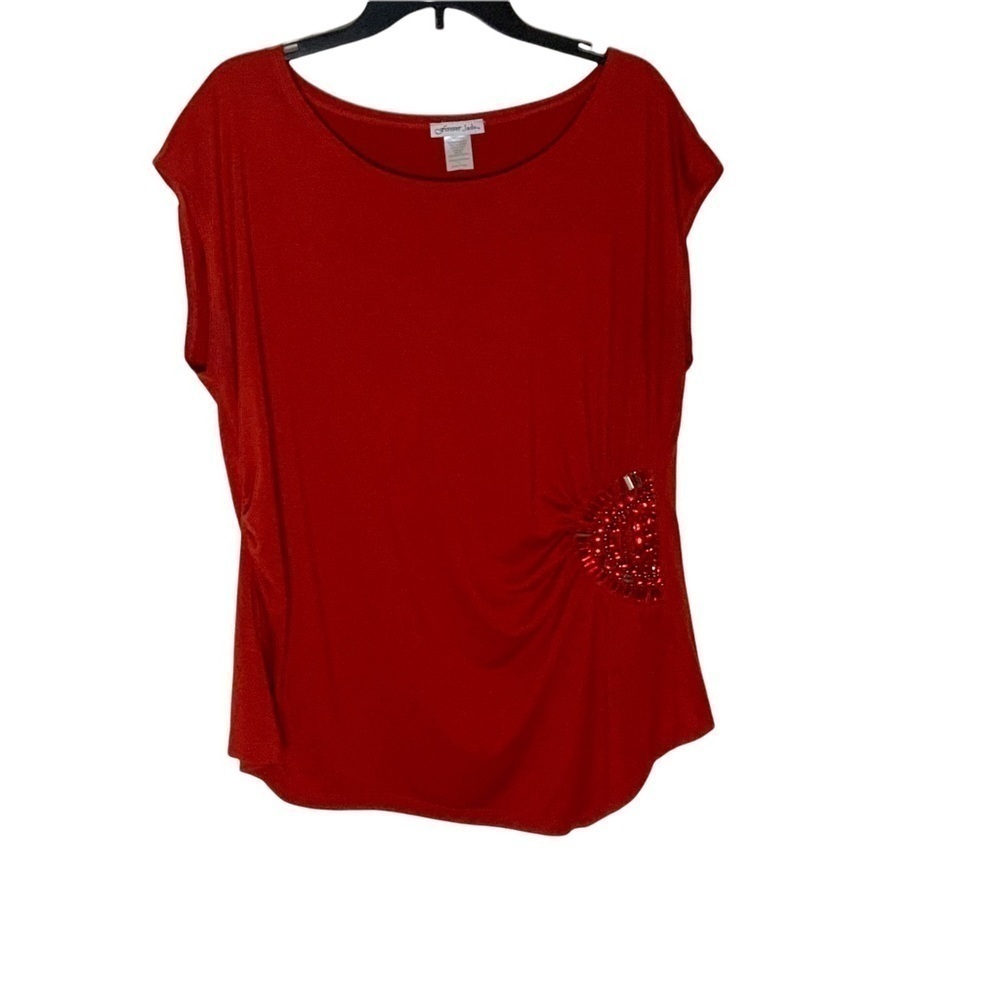 Forever JADE burnt orange short sleeve blouse with side adornment. Size 1X